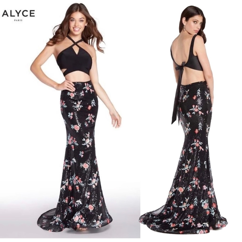 Alyce Paris Black Sequin floral flower embroidered maxi skirt evening formal 0